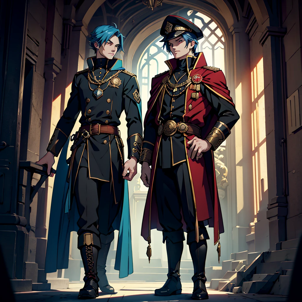 Capitaine, uniforme noir, insigne de grade d&#39;or, manteau rouge, black Capitaine's hat, bottes noires, animé, art Déco, Art gothique, animé style, Anatomiquement correct, chef-d&#39;œuvre, détails élevés, Haute qualité, des yeux magnifiquement détaillés, regard captivant, Couleurs vives, éclairage savamment exécuté, techniques d&#39;éclairage de studio faisant ressortir les traits de l&#39;homme et l&#39;ambiance générale de la scène,cheveux bleu ciel,