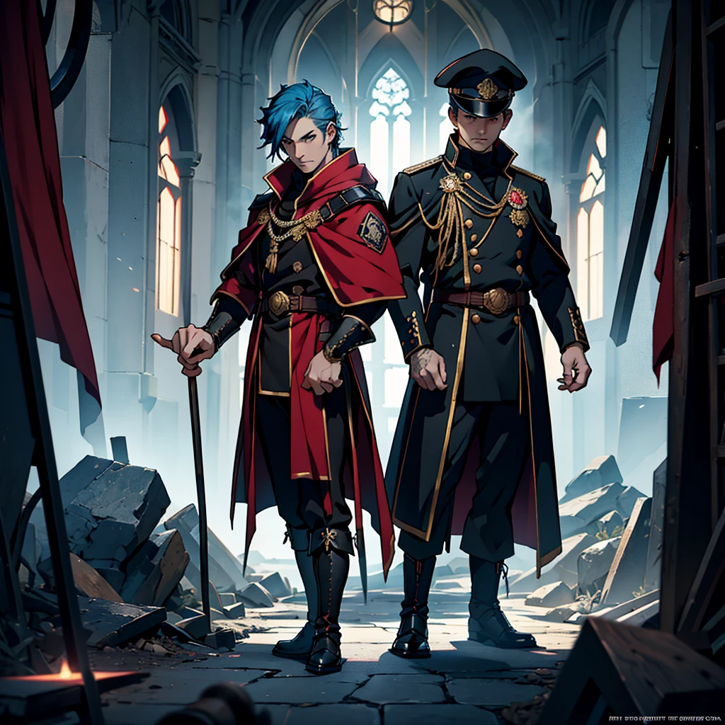 Capitaine, uniforme noir, insigne de grade d&#39;or, manteau rouge, black Capitaine's hat, bottes noires, animé, art Déco, Art gothique, animé style, Anatomiquement correct, chef-d&#39;œuvre, détails élevés, Haute qualité, des yeux magnifiquement détaillés, regard captivant, Couleurs vives, éclairage savamment exécuté, techniques d&#39;éclairage de studio faisant ressortir les traits de l&#39;homme et l&#39;ambiance générale de la scène,cheveux bleu ciel,tout le corps,tout le corps,debout,