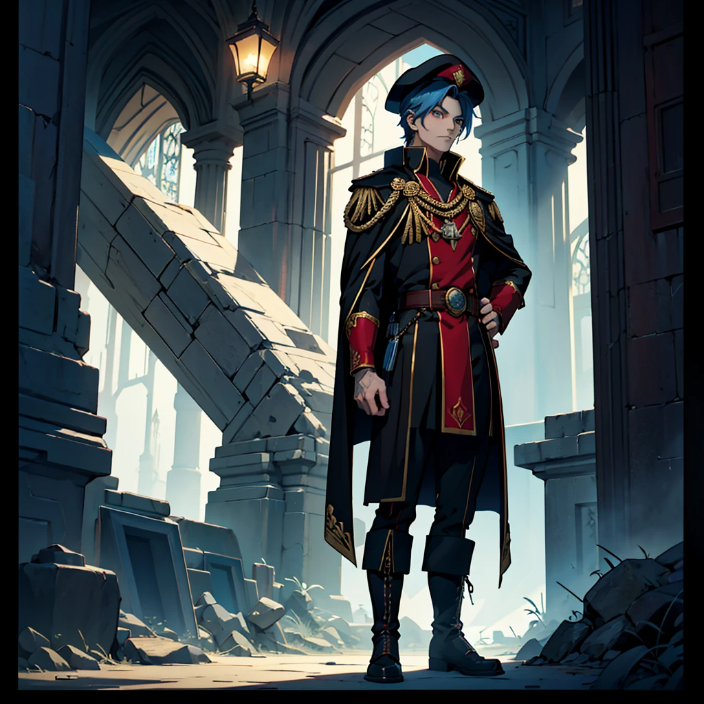 Capitaine, uniforme noir, insigne de grade d&#39;or, manteau rouge, black Capitaine's hat, bottes noires, animé, art Déco, Art gothique, animé style, Anatomiquement correct, chef-d&#39;œuvre, détails élevés, Haute qualité, des yeux magnifiquement détaillés, regard captivant, Couleurs vives, éclairage savamment exécuté, techniques d&#39;éclairage de studio faisant ressortir les traits de l&#39;homme et l&#39;ambiance générale de la scène,cheveux bleu ciel,tout le corps,tout le corps,debout,