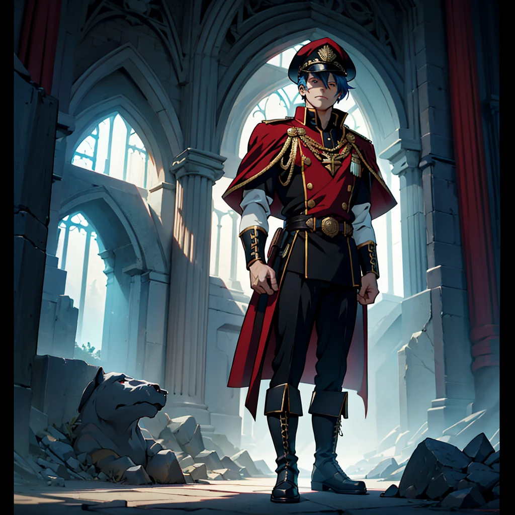 Capitaine, uniforme noir, insigne de grade d&#39;or, manteau rouge, black Capitaine's hat, bottes noires, animé, art Déco, Art gothique, animé style, Anatomiquement correct, chef-d&#39;œuvre, détails élevés, Haute qualité, des yeux magnifiquement détaillés, regard captivant, Couleurs vives, éclairage savamment exécuté, techniques d&#39;éclairage de studio faisant ressortir les traits de l&#39;homme et l&#39;ambiance générale de la scène,cheveux bleu ciel,tout le corps,tout le corps,debout,