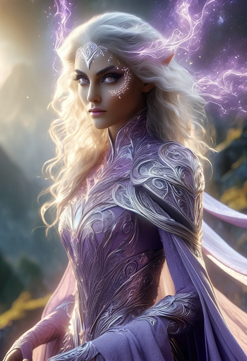 (Highest quality,4K,8k,High resolution,masterpiece:1.2),Very detailed,(Realistic,photoRealistic,photo-Realistic:1.37), Beautiful young female dark elf sorceress with long flowing hair, Elegant robes, Mysterious Aura, (intricate magical effects:1.4), (glowing magical energy:1.5), detailed Fantasy landscape with towering mountains, Lush forest, and magical ruins, Cinema Lighting, Dramatic camera angles, (Highest quality,4K,8k,High resolution,masterpiece:1.2),Very detailed,(Realistic,photoRealistic,photo-Realistic:1.37),Fantasy, magic, highly detailed magical girl beautiful detailed eyes, Beautiful lip detail, Very detailed目と顔, Long eyelashes, Dramatic lighting, Structure of the film, Dynamic pose, Stunning colors, Digital Painting, Beautiful purple eyes, magic wand, Beautiful, firm thighs, Symmetrical face