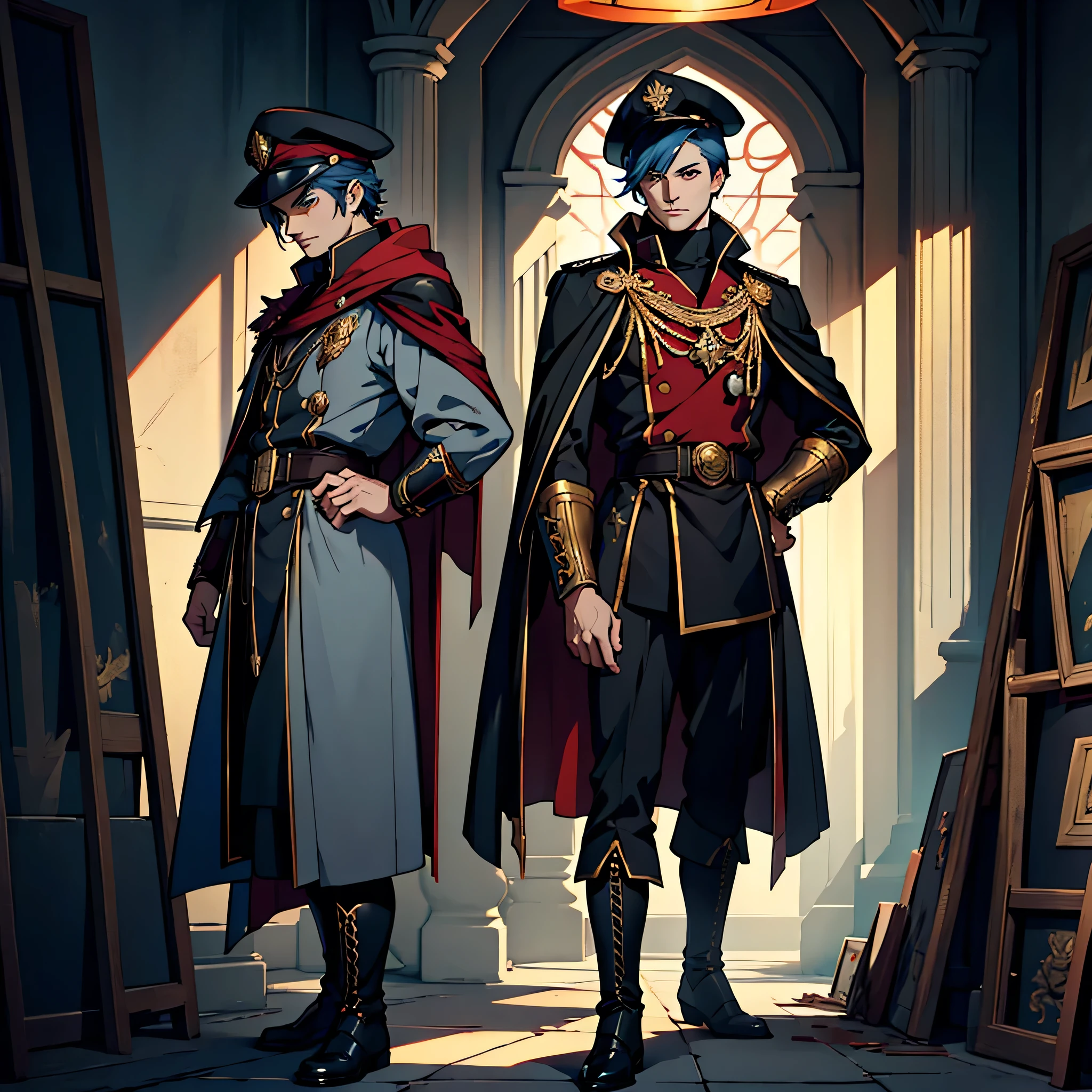 Capitaine, uniforme noir, insigne de grade d&#39;or, manteau rouge, black Capitaine's hat, bottes noires, animé, art Déco, Art gothique, animé style, Anatomiquement correct, chef-d&#39;œuvre, détails élevés, Haute qualité, des yeux magnifiquement détaillés, regard captivant, Couleurs vives, éclairage savamment exécuté, techniques d&#39;éclairage de studio faisant ressortir les traits de l&#39;homme et l&#39;ambiance générale de la scène,cheveux bleu ciel,