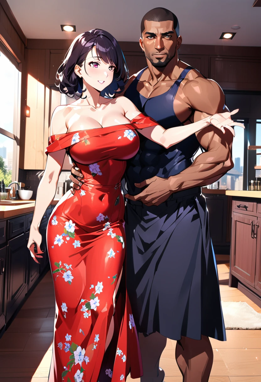 (1 young man), (1 asian Mom), (Duet), A mom seduces a young blackman，（strong and naked black man，short pantuscle body，bodybuilder），（a young mom with big breasts，narrow waist，bare shoulders，(long skirt dressed, floral print, naked）, European 40 year old milfs and th1 young black man r, best quality:1.4), (Ultra-high resolution:1.2), (8K, RAW photos:1.2), Laurena Lexis, (1 Mom, 1 son), Moms showing off their curves, bend down, Wearing sexy clothes and shorts, and their young son, Clear eyes, A mother and her young son, ((French Kiss))