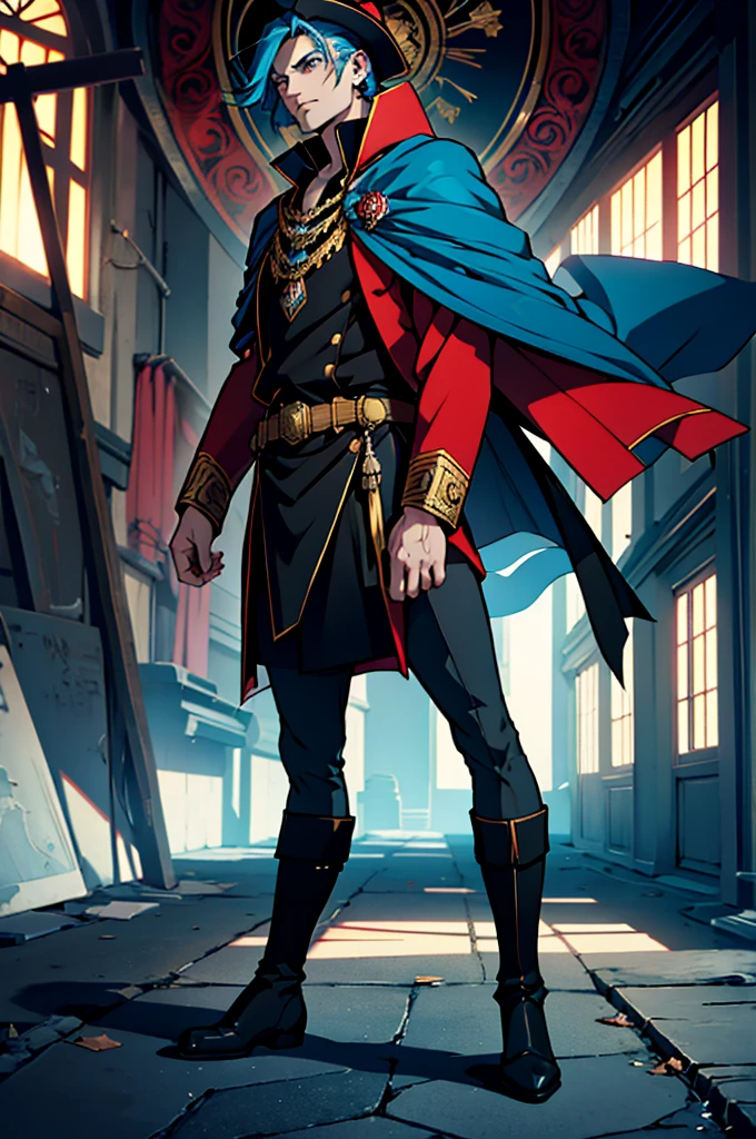 Capitaine, uniforme noir, insigne de grade d&#39;or, manteau rouge, black Capitaine's hat, bottes noires, animé, art Déco, Art gothique, animé style, Anatomiquement correct, chef-d&#39;œuvre, détails élevés, Haute qualité, des yeux magnifiquement détaillés, regard captivant, Couleurs vives, éclairage savamment exécuté, techniques d&#39;éclairage de studio faisant ressortir les traits de l&#39;homme et l&#39;ambiance générale de la scène,cheveux bleu ciel,tout le corps,tout le corps,debout,