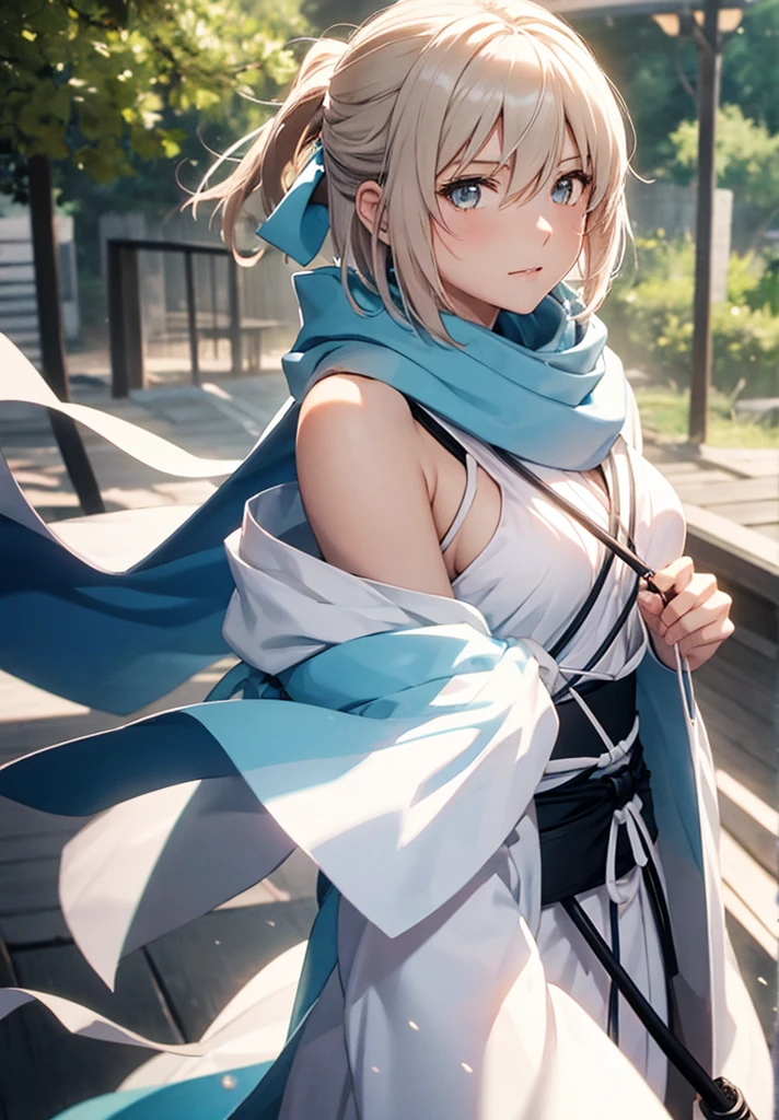 Best Quality, 1 girl, alone, okita_souji, white kimono, scarf, cowboy photography, outdoor, bare shoulders, bare shoulders, sleeveless, looking at the viewer, 