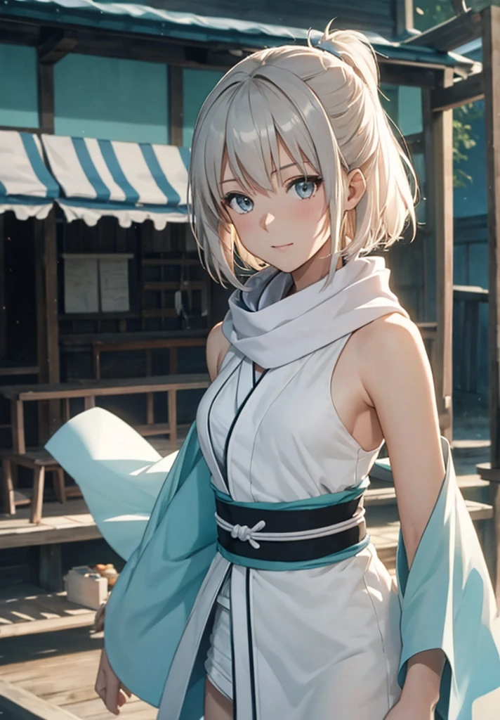 Best Quality, 1 girl, alone, okita_souji, white kimono, scarf, cowboy photography, outdoor, bare shoulders, bare shoulders, sleeveless, looking at the viewer, 