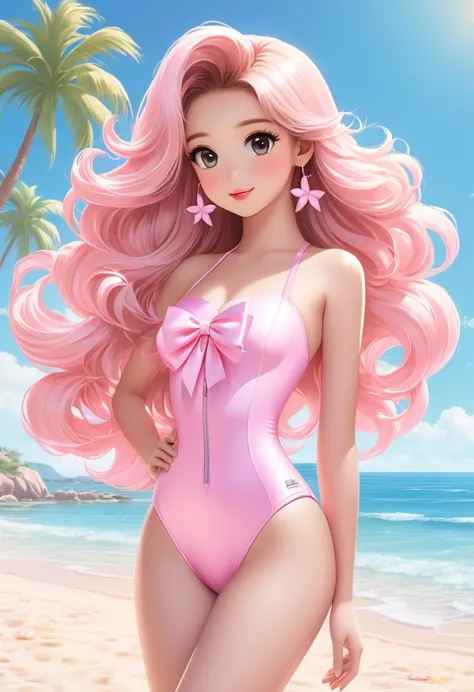 "a full-body image of a cute idol-like girl standing confidently. she is wearing a stylish tube top swimsuit in pastel pink, ado...