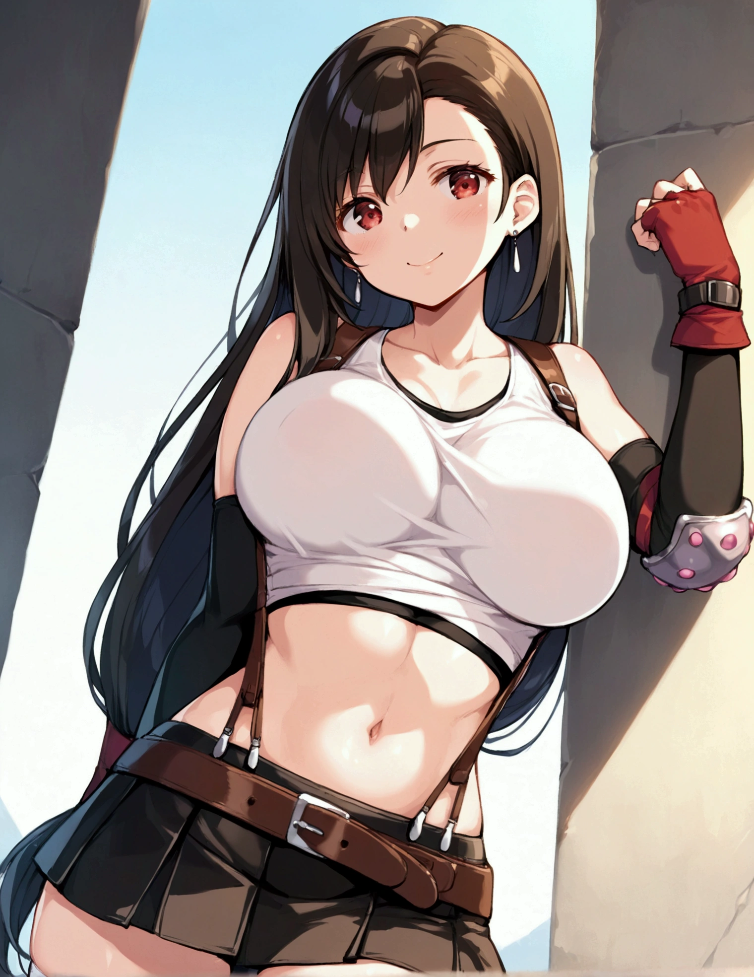 (score_9
score_8_up
score_7_up
score_6_up
score_5_up
score_4_up
source_anime),,BREAK , ,dutch angle,,breast below view, breast press,,standing,leaning on wall.(Side pose). upperbody,,Solo ,1girl, tifa lockhart, final fantasy, tareme,black hair, low-tied long hair, red eyes, bangs, (white tank top, belt, pleated skirt, thighhighs, elbow fingerless gloves, elbow pads, midriff, navel,suspender skirt) ,(large_breast),(light smile),daytime,outdoor,(ultra detailed),(best quality),(aesthetic,very aesthetic),UHD,extremely detailed CG unity 8k wallpaper,depth of field,,,detailed face and eyes