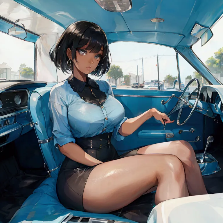 a whole view of a 1964 chevy impala with a gorgeous african american woman in the passenger seat.