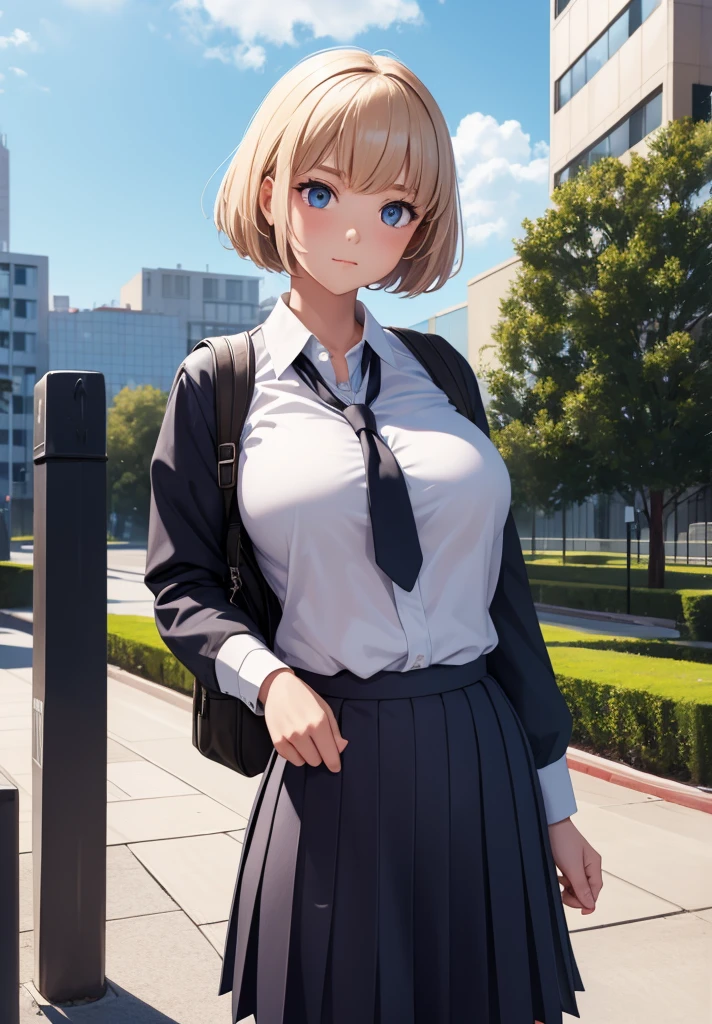 ((masterpiece, Best Quality, Distinctive image)), 1 girl, alone, alter of joan of arc, big breasts, Schoolgirl, School uniform, pleated skirt, seraph, White shirt, black skirt, looking at the viewer, standing, carrying a school backpack, cowboy shot, city, building, beautiful sky 