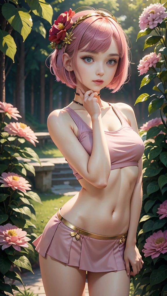 18 year old beautiful girl, masterpiece, best quality, 8K animation, detailed fingers, precise fingers, not unnatural hands, illustration, 1 girl, solo, pink bob cut, gold crown, flower hair ornament, sagging eyes, red mini skirt, YUI