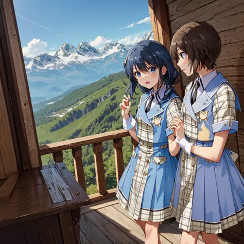 a look of expectation、bright mountain hut、holding hands with friends、a composition overlooking the scenery、uniform、with their ey...