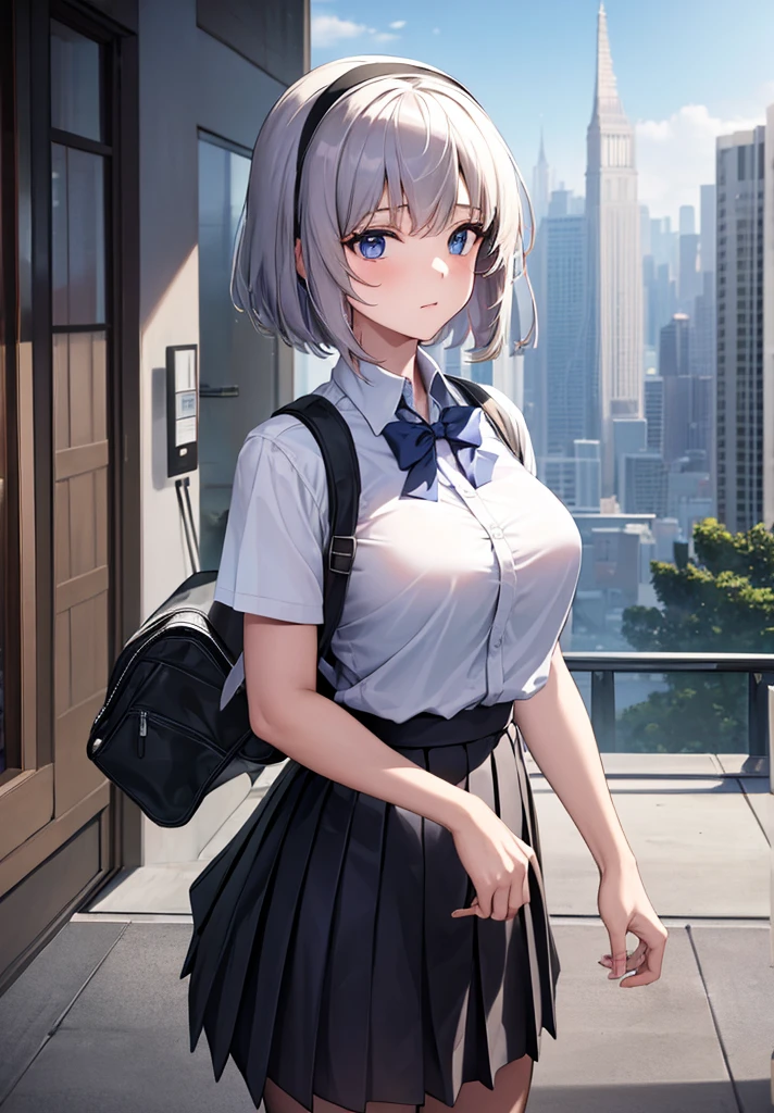 ((masterpiece, Best Quality, Distinctive image)), 1 girl, alone, alter of joan of arc, big breasts, Schoolgirl, School uniform, pleated skirt, seraph, White shirt, black skirt, looking at the viewer, standing, carrying a school backpack, cowboy shot, city, building, beautiful sky 