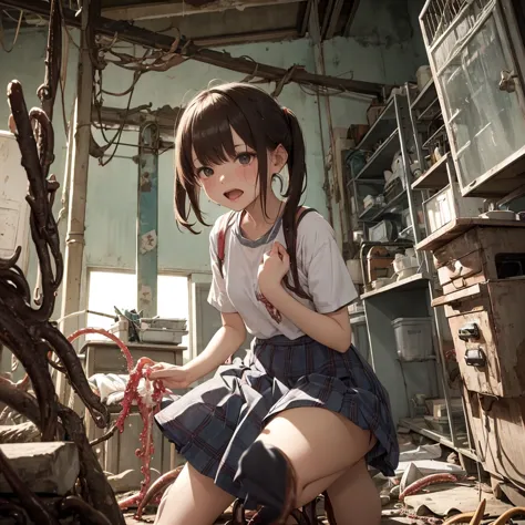 ８age、Girl captured by tentacles in abandoned factory、Tentacles in a skirt、Pants fabric texture、Crying and screaming