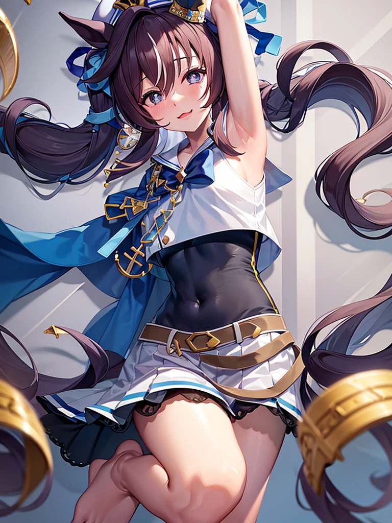 masterpiece, best quality, detailed, highly detailed, ultra detailed, extremely detailed CG, high resolution, 4K, in room, vivlos \(umamusume\), horse tail, hat, white sailor collar, bare shoulders, blue ribbon, small cape, strap, anchor ornament, bodystocking, belt, bare knees, white pleated skirt, barefoot,, smile, arm up, armpits,