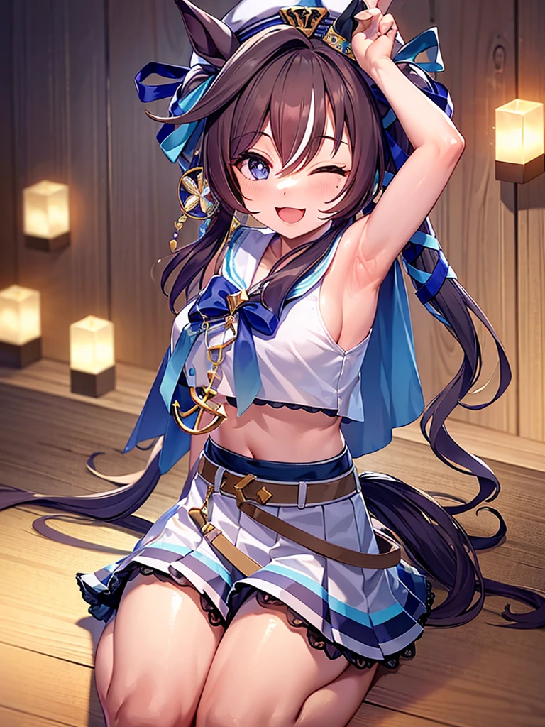 masterpiece, best quality, detailed, highly detailed, ultra detailed, extremely detailed CG, high resolution, 4K, in room, vivlos \(umamusume\), horse tail, hat, white sailor collar, bare shoulders, blue ribbon, small cape, strap, anchor ornament, bodystocking, belt, bare knees, white pleated skirt, barefoot,, smile, arm up, armpits,