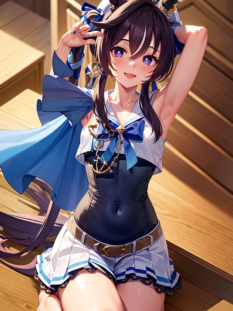 masterpiece, best quality, detailed, highly detailed, ultra detailed, extremely detailed CG, high resolution, 4K, in room, vivlos \(umamusume\), horse tail, hat, white sailor collar, bare shoulders, blue ribbon, small cape, strap, anchor ornament, bodystocking, belt, bare knees, white pleated skirt, barefoot,, smile, arm up, armpits,