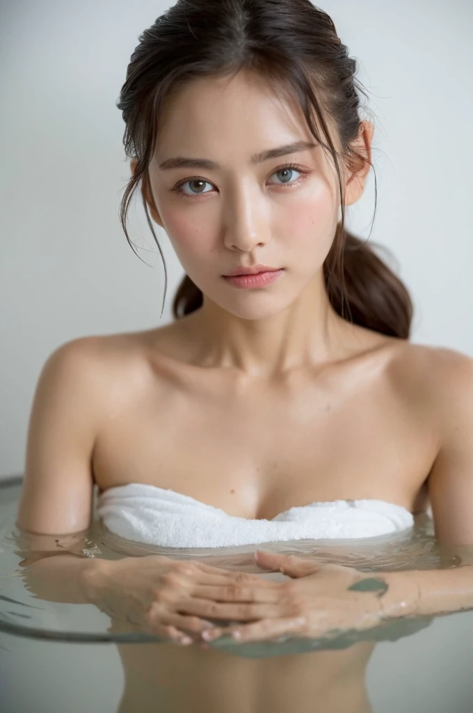 ((Highest quality, 8k, masterpiece :1.3)), One girl, Beautiful woman with slim abdominal muscles :1.3, (Random Hairstyles, Huge breasts :1.2), （（Wrapped in a bath towel :1.2））, hot spring, Highly detailed face, Fine grain, double eyelid、Japanese women