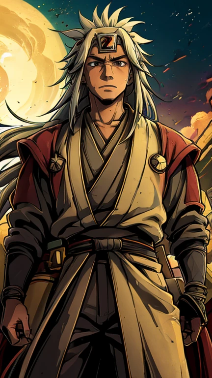 (Teenager:1 Junge: Jiraiya,Krieg der Sterne), (Extrem detailliertes CG Unit 8k-Hintergrundbild),(Masterteil), (beste Qualität), (Ultra-Details), (beste Illustration),(melhor Ombre), Cowboy-Schuss, (scharfer Eyeliner, Ombre, Detailansichten:1), Konoha-Dorf-Hintergrund, ,brechen , (star15escola:1.2), Haarverzierung,lange Haare , silbernes Haar,