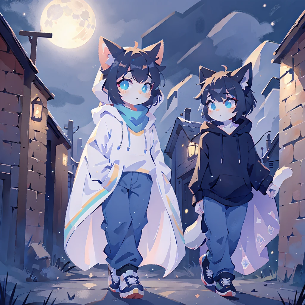 1 chico.Alone.feminine appearance.long cape that covers your body,hoodie with cat ears.blue scarf,long pants,shoes.heterochromatic pupils,bored.walking in the night,full moon background.