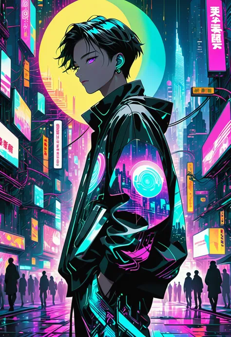 Set the background as a cyberpunk-themed cityscape at night. The boy stands amidst the vibrant chaos of a bustling city, with th...