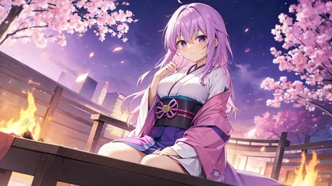 woman　clear　Light purple hair　　kimono　　Anime Style　　Bonfire
