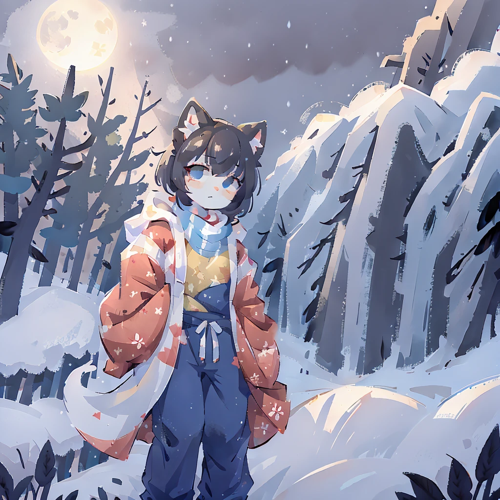 ((detailed)),1 chico.Alone.feminine appearance.Long kimono that covers your body,hoodie with cat ears.scarf,long pants.bored face,tired eyelids.full moon background.front view