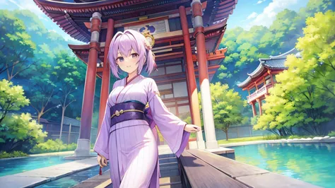 woman　clear　Light purple hair　　kimono　　Anime Style　　Temple
