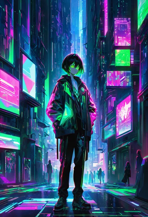 Set the background as a cyberpunk-themed cityscape at night. The boy stands amidst the vibrant chaos of a bustling city, with th...