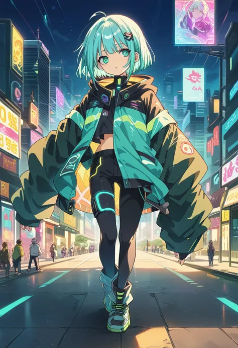 Set the background as a cyberpunk-themed cityscape at night. The boy stands amidst the vibrant chaos of a bustling city, with th...