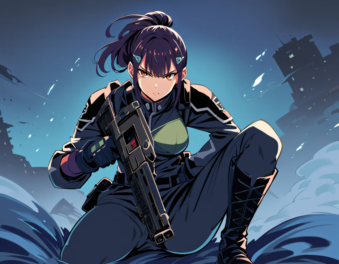 Mina Ashiro - Kaiju No 8 , sexy, kaiju no. 8 uniform, ready to attack a kaiju, holding a advanced rifle weapon, tied hair, cute hairstyle, serious look, gloss lips, sit, sinister, front look, tactical gear, tactical boots, tactical gloves, full body shot, beautiful eyes, large breasts, triple D cup breasts, round buttocks, bubbly buttocks, hips, bubbly ass, fit and strong, slender body , night, sensual, straigh hair cut, clear skin, evil, young 30 years girl, adult girl, solo, very long hair, 