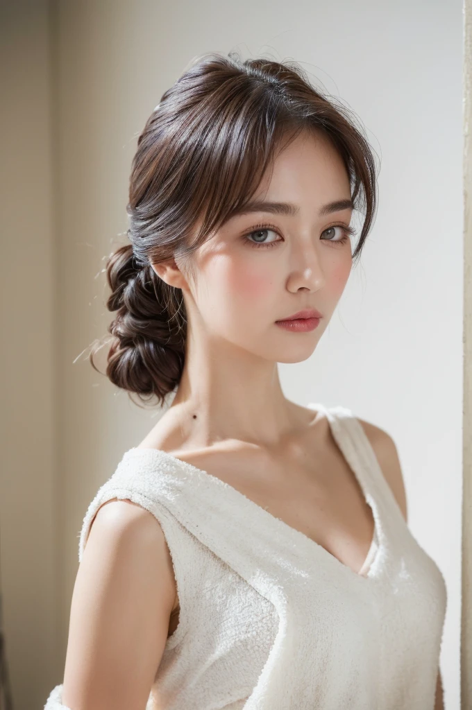 ((Highest quality, 8k, masterpiece :1.3)), One girl, Beautiful woman with slim abdominal muscles :1.3, (Random Hairstyles, Huge breasts :1.2), Wrapped in a bath towel :1.2, Highly detailed face, Fine grain, double eyelid、Japanese women
