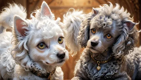 a regal grey cat and a white poodle dog looking at each other, beautiful detailed eyes, beautiful detailed fur, highly detailed,...