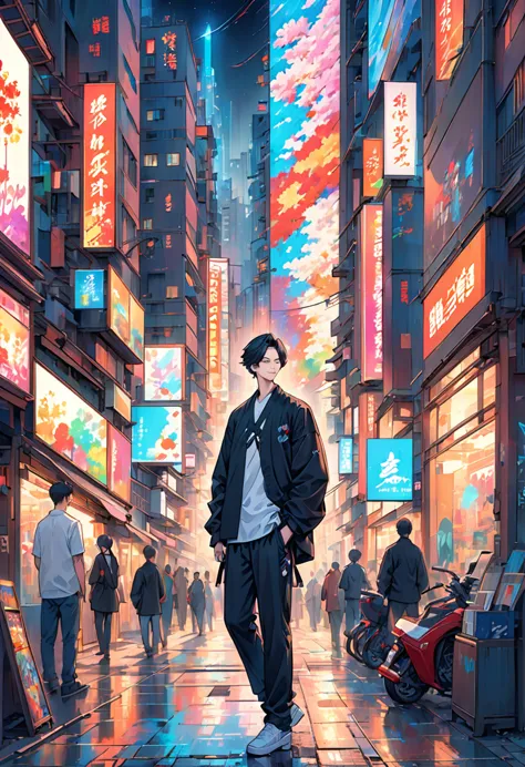 Set the background as a cyberpunk-themed cityscape at night. The boy stands amidst the vibrant chaos of a bustling city, with th...