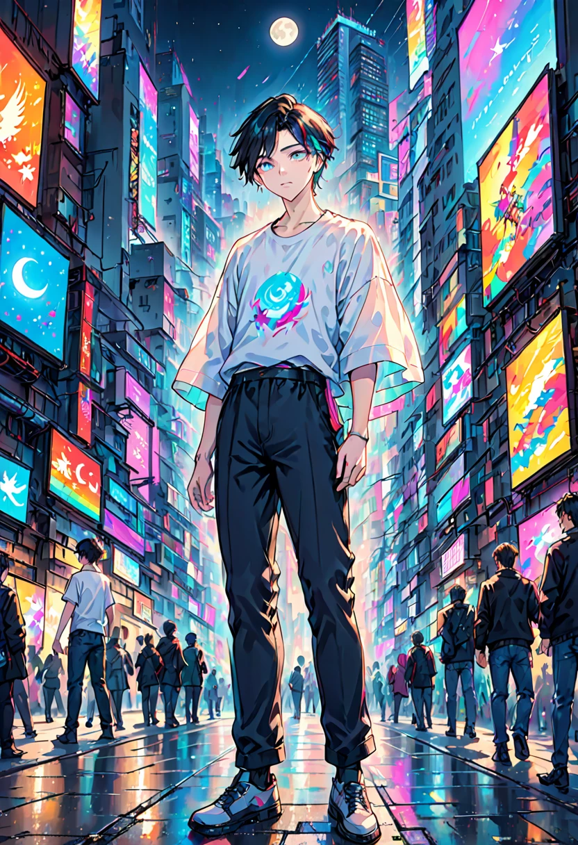 Set the background as a cyberpunk-themed cityscape at night. The boy stands amidst the vibrant chaos of a bustling city, with the following elements:

	•	Skyscrapers and urban scenery filled with neon lights and electronic billboards.
	•	Bright neon signs and colorful lights flooding the city.
	•	Shadows of people walking in alleys and sidewalks, adding to the urban hustle.
	•	Drones and hologram advertisements floating in the sky, enhancing the futuristic atmosphere.

The boy’s outfit is simple and includes:

	•	A plain shirt and pants.
	•	A moon motif accessory, symbolizing his identity as the god of night.

The colorful and lively background contrasts sharply with the monochrome depiction of the boy, making this contrast stand out. The boy’s appearance is as follows:

	•	He has a baby-faced, androgynous look.
	•	His build is slender, giving a delicate impression.
	•	His expression is one of enlightenment yet resignation, suggesting a profound understanding paired with a sense of giving up.
	•	The monochrome representation of the boy contrasts vividly with the colorful background, highlighting his presence.

Based on this prompt, you will create a striking illustration that captures the solitary god of night standing amidst the vibrant hustle of a cyberpunk city, creating a visually and emotionally impactful scene.カウボーイショット、コンセプトアート、レンズフレア