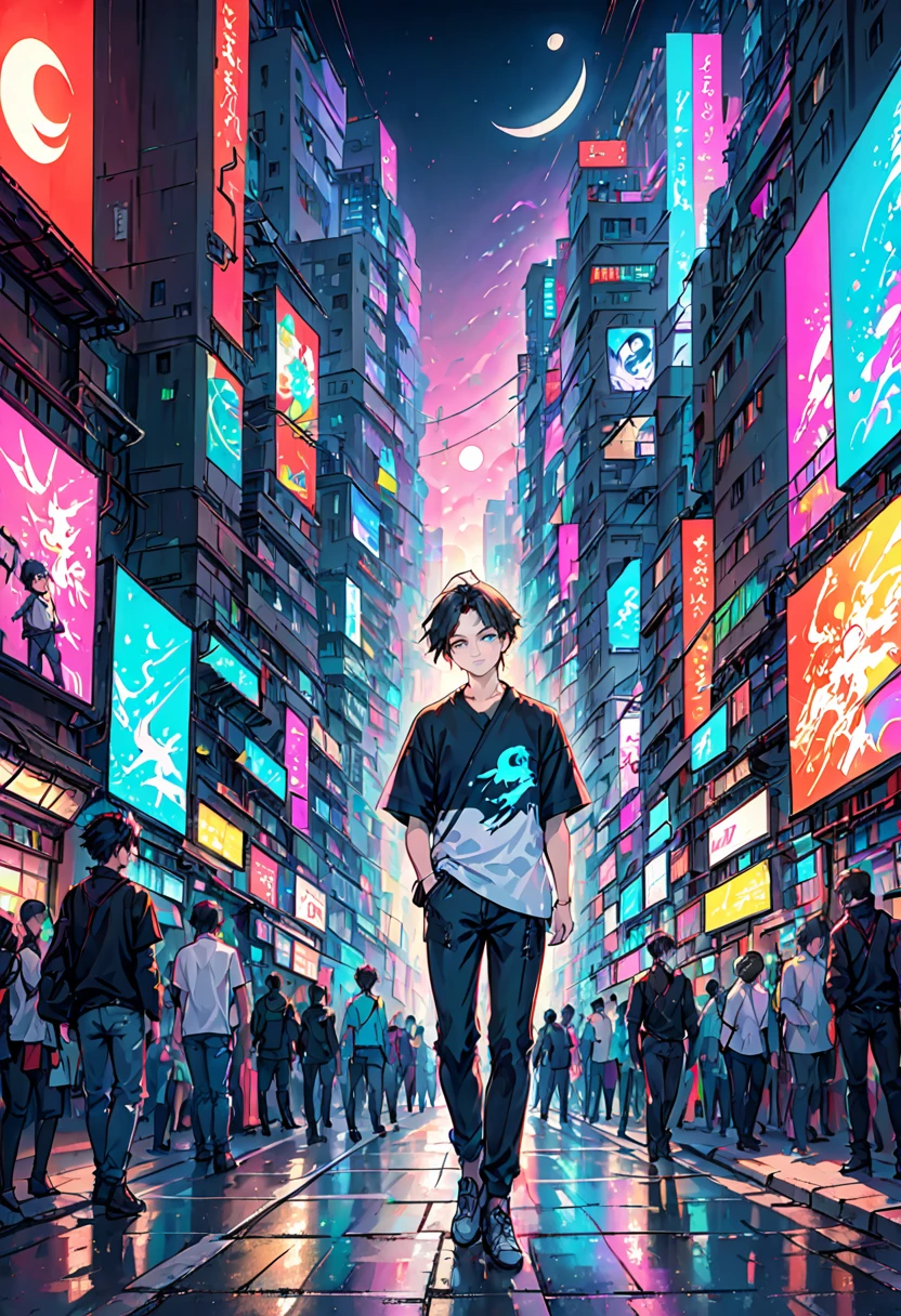 Set the background as a cyberpunk-themed cityscape at night. The boy stands amidst the vibrant chaos of a bustling city, with the following elements:

	•	Skyscrapers and urban scenery filled with neon lights and electronic billboards.
	•	Bright neon signs and colorful lights flooding the city.
	•	Shadows of people walking in alleys and sidewalks, adding to the urban hustle.
	•	Drones and hologram advertisements floating in the sky, enhancing the futuristic atmosphere.

The boy’s outfit is simple and includes:

	•	A plain shirt and pants.
	•	A moon motif accessory, symbolizing his identity as the god of night.

The colorful and lively background contrasts sharply with the monochrome depiction of the boy, making this contrast stand out. The boy’s appearance is as follows:

	•	He has a baby-faced, androgynous look.
	•	His build is slender, giving a delicate impression.
	•	His expression is one of enlightenment yet resignation, suggesting a profound understanding paired with a sense of giving up.
	•	The monochrome representation of the boy contrasts vividly with the colorful background, highlighting his presence.

Based on this prompt, you will create a striking illustration that captures the solitary god of night standing amidst the vibrant hustle of a cyberpunk city, creating a visually and emotionally impactful scene.カウボーイショット、コンセプトアート、レンズフレア