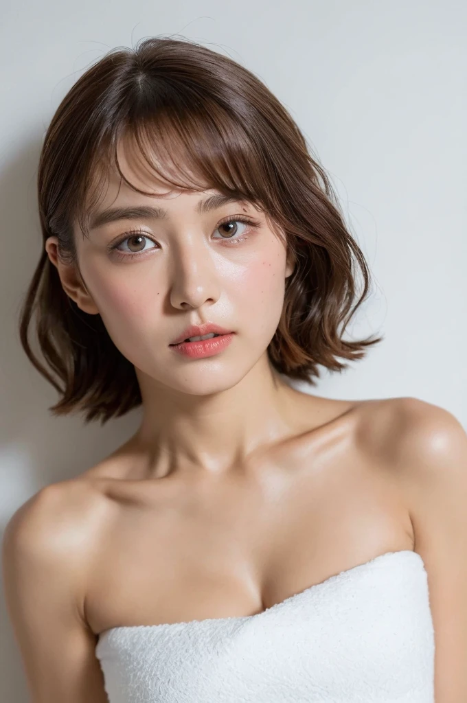 ((Highest quality, 8k, masterpiece :1.3)), One girl, Beautiful woman with slim abdominal muscles :1.3, (Random Hairstyles, Huge breasts :1.2), Wrapped in a bath towel :1.2,  Highly detailed face, Fine grain, double eyelid、Japanese women