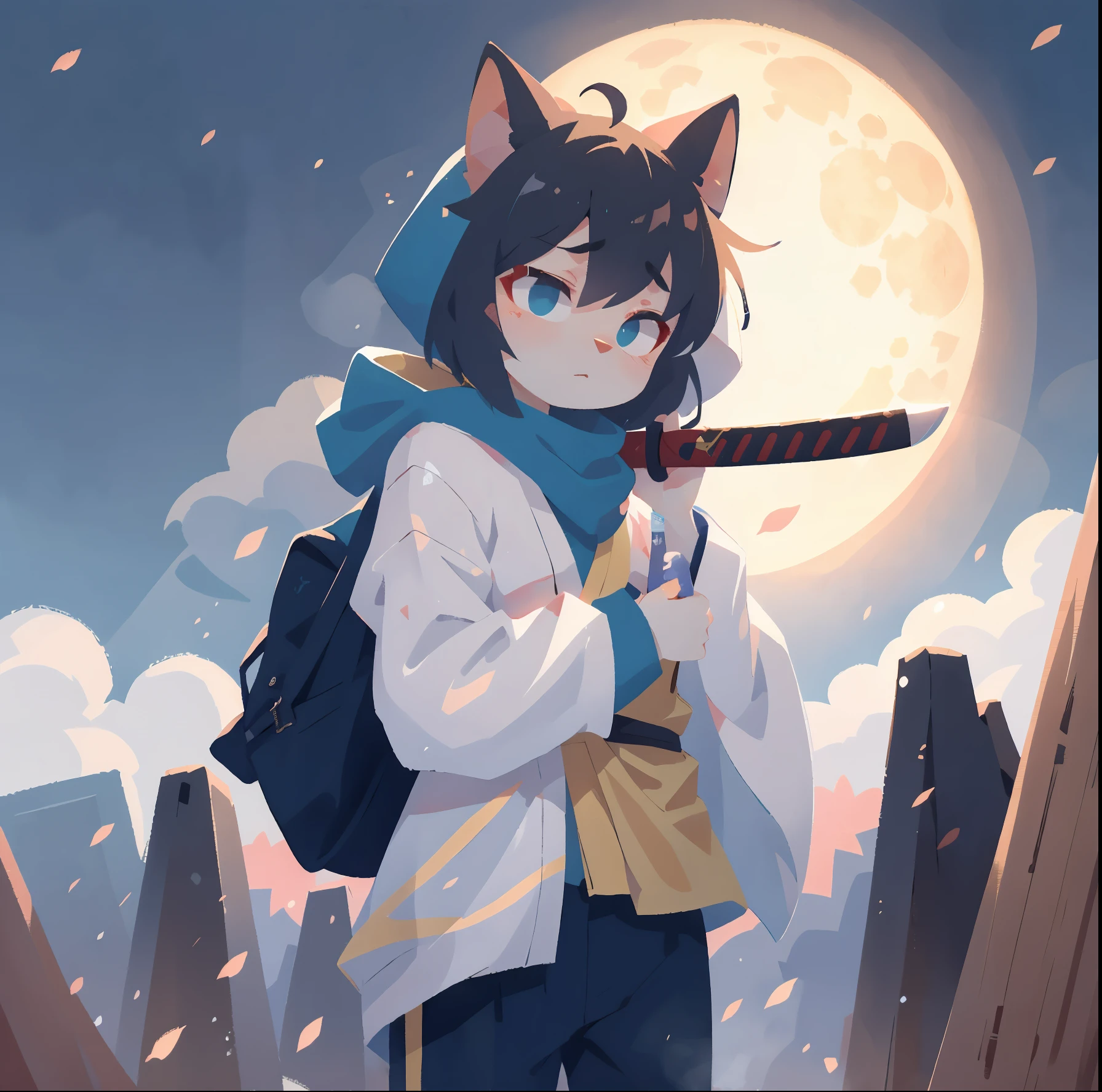 ((photography)),((detailed)),1 chico.Alone.feminine appearance.Long kimono that covers your body,hoodie with cat ears.scarf,long pants.bored face,tired eyelids,brave.full moon background.front view.He carries a katana