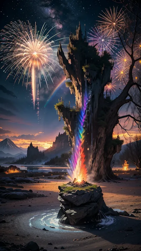 Scenery of the portable shrine、firework、firework大会、Rainbow colorsのfireworkが打ちあがっている瞬間、夜nullとともに、Cyberpunk Mountain、サイバーパンクなお神輿景色...