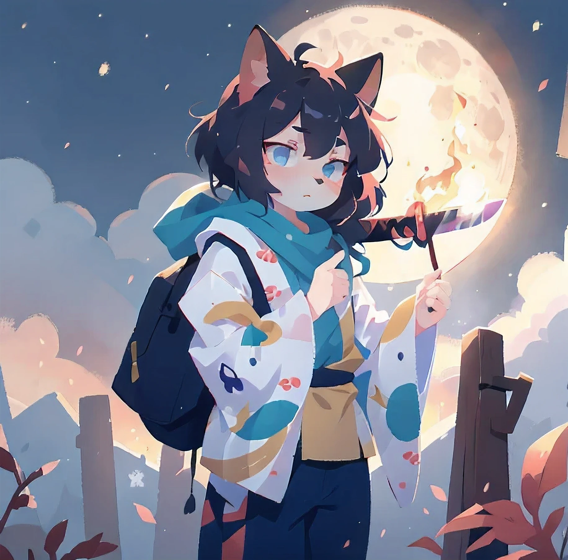 ((photography)),((detailed)),1 chico.Alone.feminine appearance.Long kimono that covers your body,hoodie with cat ears.scarf,long pants.bored face,tired eyelids,brave.full moon background.front view.He carries a katana.Kimono with fire style