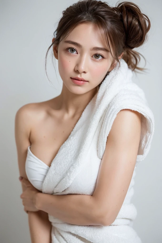 ((Highest quality, 8k, masterpiece :1.3)), One girl, Beautiful woman with slim abdominal muscles :1.3, (Random Hairstyles, Huge breasts :1.2), Bath towel wrapped around upper body :1.2,  Highly detailed face, Fine grain, double eyelid、Japanese women