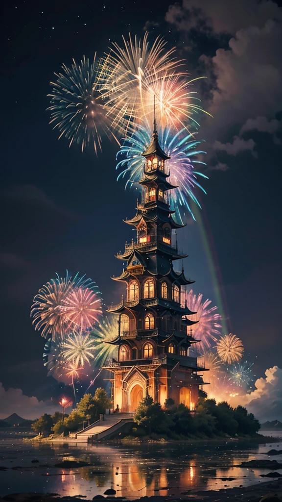 Szenerie des tragbaren Schreins、Feuerwerk、Feuerwerk大会、RegenbogenfarbenのFeuerwerkが打ちあがっている瞬間、Mit der Nacht null、サイバーパンクなお神輿景色で壮大なFeuerwerk、Zukunft都市、höchste Qualität、Meisterwerk, (Diffuse Lichtreflexion:1.2), Wenn der phantastische Regenbogen zum Schatten wird, in eine mystische Atmosphäre getaucht. Zaubersprüche wirken. Erweckt ein Gefühl von Staunen und Ehrfurcht. Eine Mischung aus natürlicher Erhabenheit und Magie, Träume in die Realität umsetzen. Erblicken, null, Und das Unbekannte, flüchtig、Und ein ewiger Moment, 16K, ultrahohe Auflösung.realistisch, ultrahohe Auflösung, geboren werden,Zukunft、Regenbogenfarbenに光り輝く、Regenbogenfarben、Die Welt in 30 Jahren。