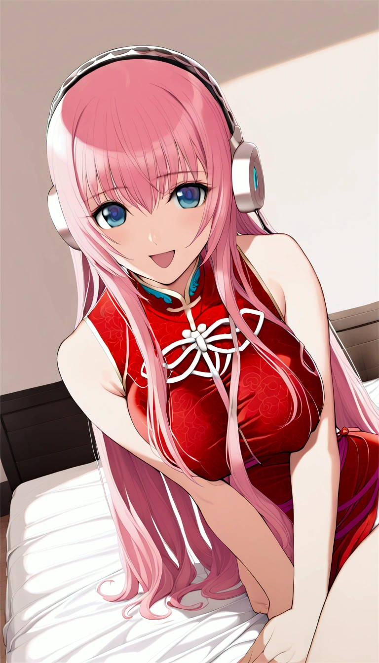 masterpiece,Beautiful adult woman ,Megurine Luka,E cup breasts,Pink long hair,blue eyes,headphone,Chinese clothing,smile,Open your mouth,front,Bedroom,