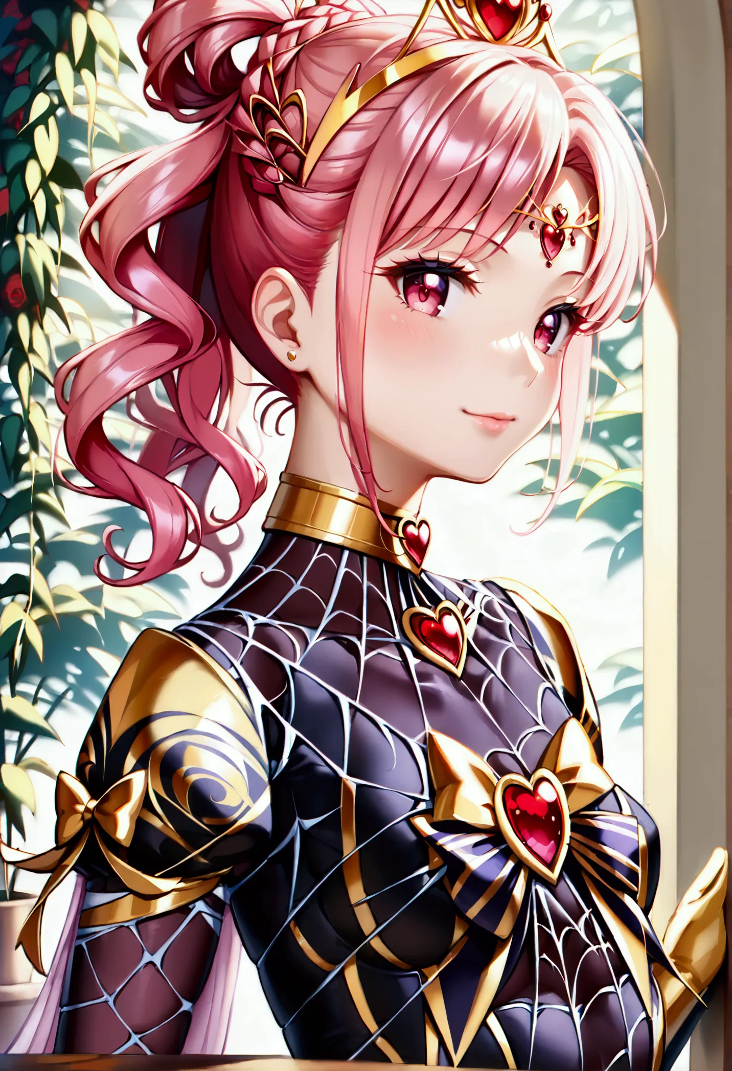 create an anime-style girl with (((deep magenta eyes and long, wavy pink hair))) ((styled in an elegant frenchbraid)). (((she is...