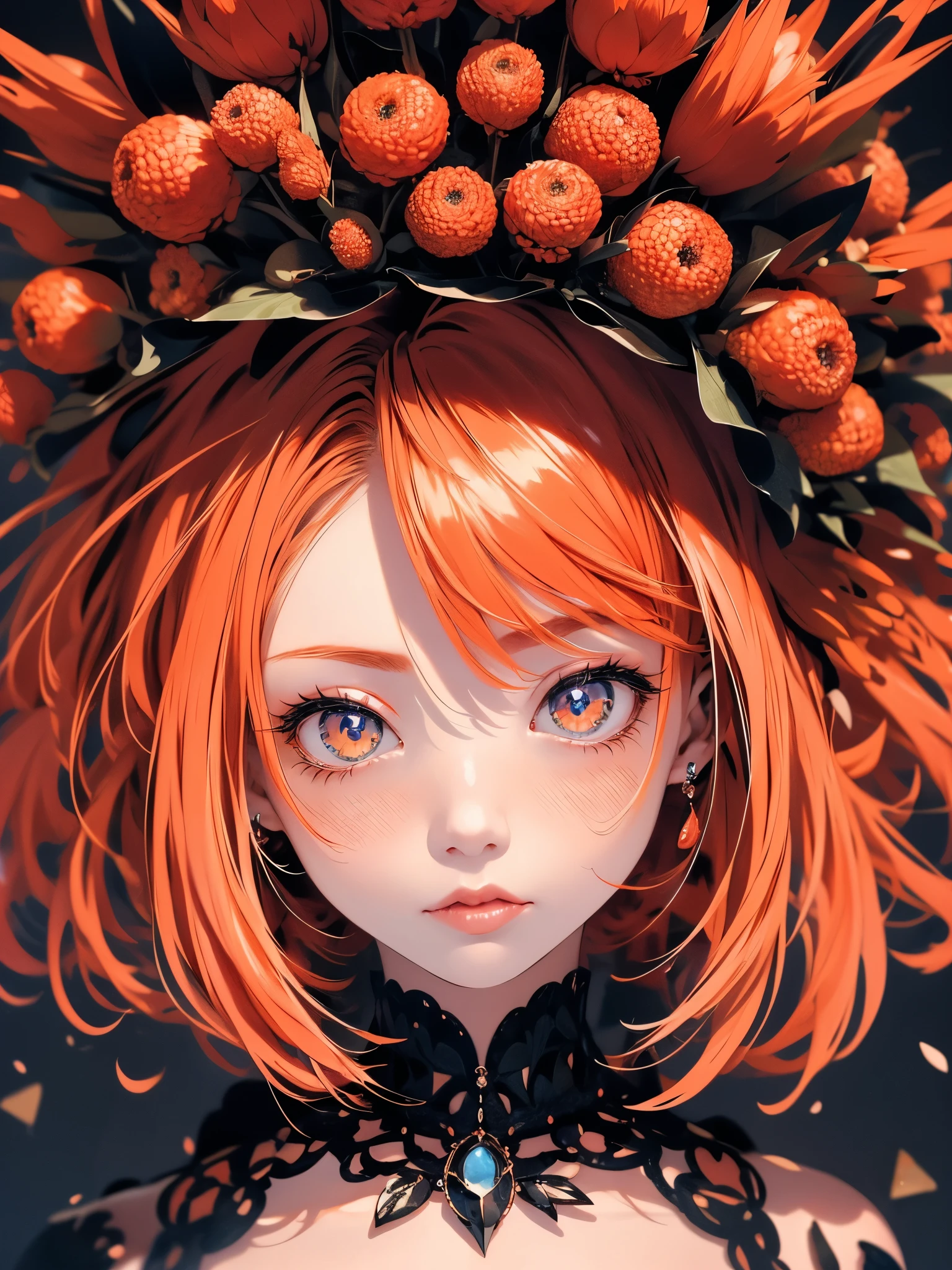 (embarrased), Red hair, hair orange, WeriArt style, 1 girl, blush, Full body, highly-detailed eyes, hires, clavicle, dress with ruffles, gaping mouth, is distant in the image