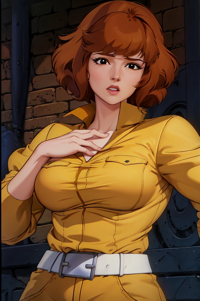 absurdres, april o'neil, 1girl, short brown hair, black eyes, upper body, yellow jumpsuit, sleeves rolled up, white belt 