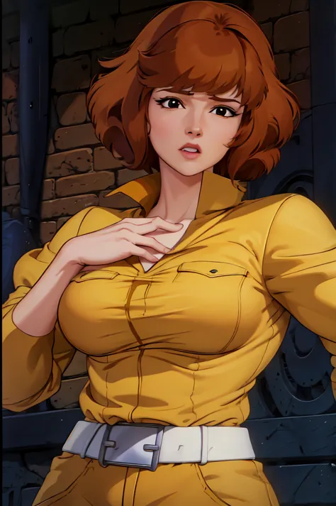 absurdres, april o'neil, 1girl, short brown hair, black eyes, upper body, yellow jumpsuit, sleeves rolled up, white belt