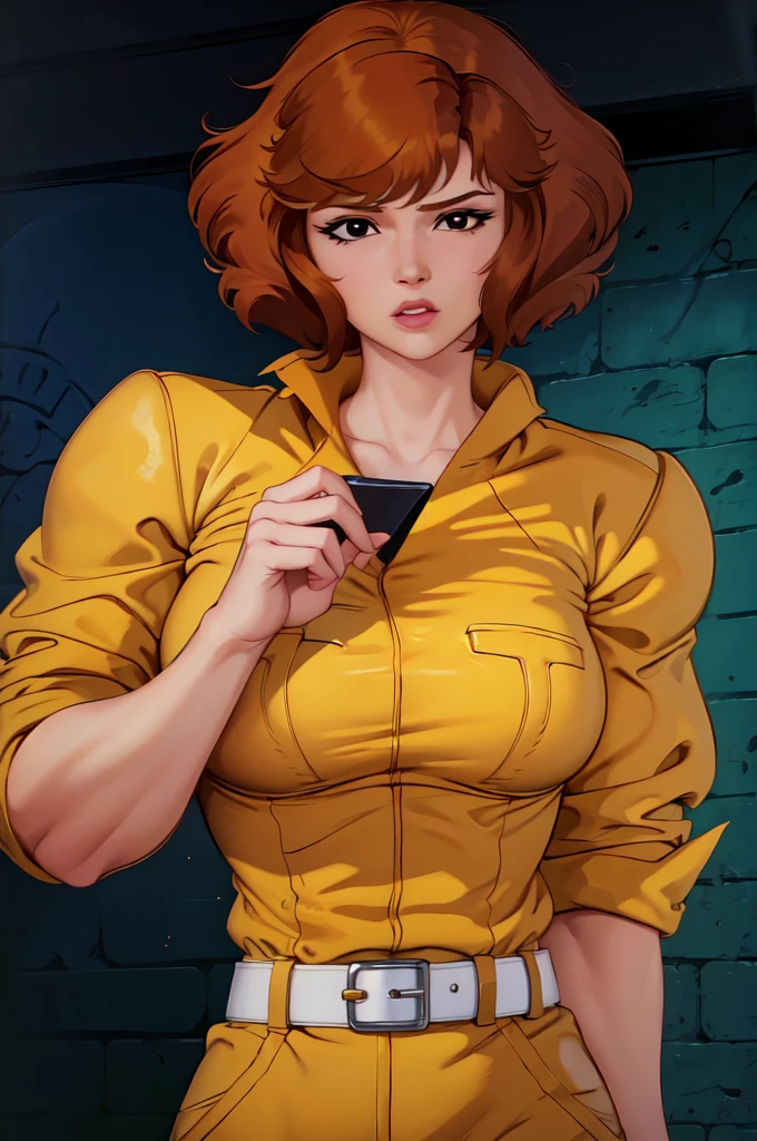 absurdres, april o'neil, 1girl, short brown hair, black eyes, upper body, yellow jumpsuit, sleeves rolled up, white belt 