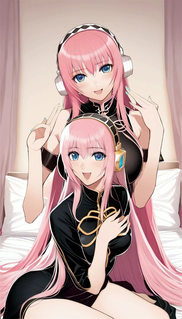 masterpiece,Beautiful adult woman ,Megurine Luka,E cup breasts,Pink long hair,blue eyes,headphone,Black Chinese clothing,smile,Open your mouth,front,Bedroom,