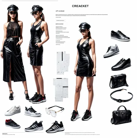 (((Create Detailed Design Sheet))), (there are no people, and no characters), (Front view, Side view, Diagonal view), (elegant style items, bundle of clothes, female handbags, hats, glasses, sunglasses), (Create detailed shoe gallery), ((multi-pair (high heels, sneaker, leather shoes etc))), description card. best quality, masterpiece, Representative work, official art, Professional, Ultra intricate detailed, 8k
